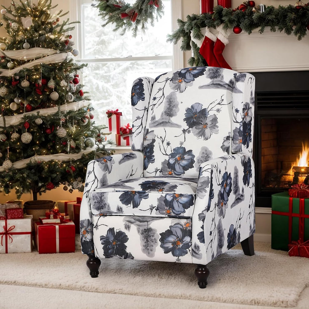 Wingback Recliner Chair - Tufted Arm Chair Recliner - Fabric Push Back Single Sofa for Living Room Adjustable Backrest (Blue Floral)