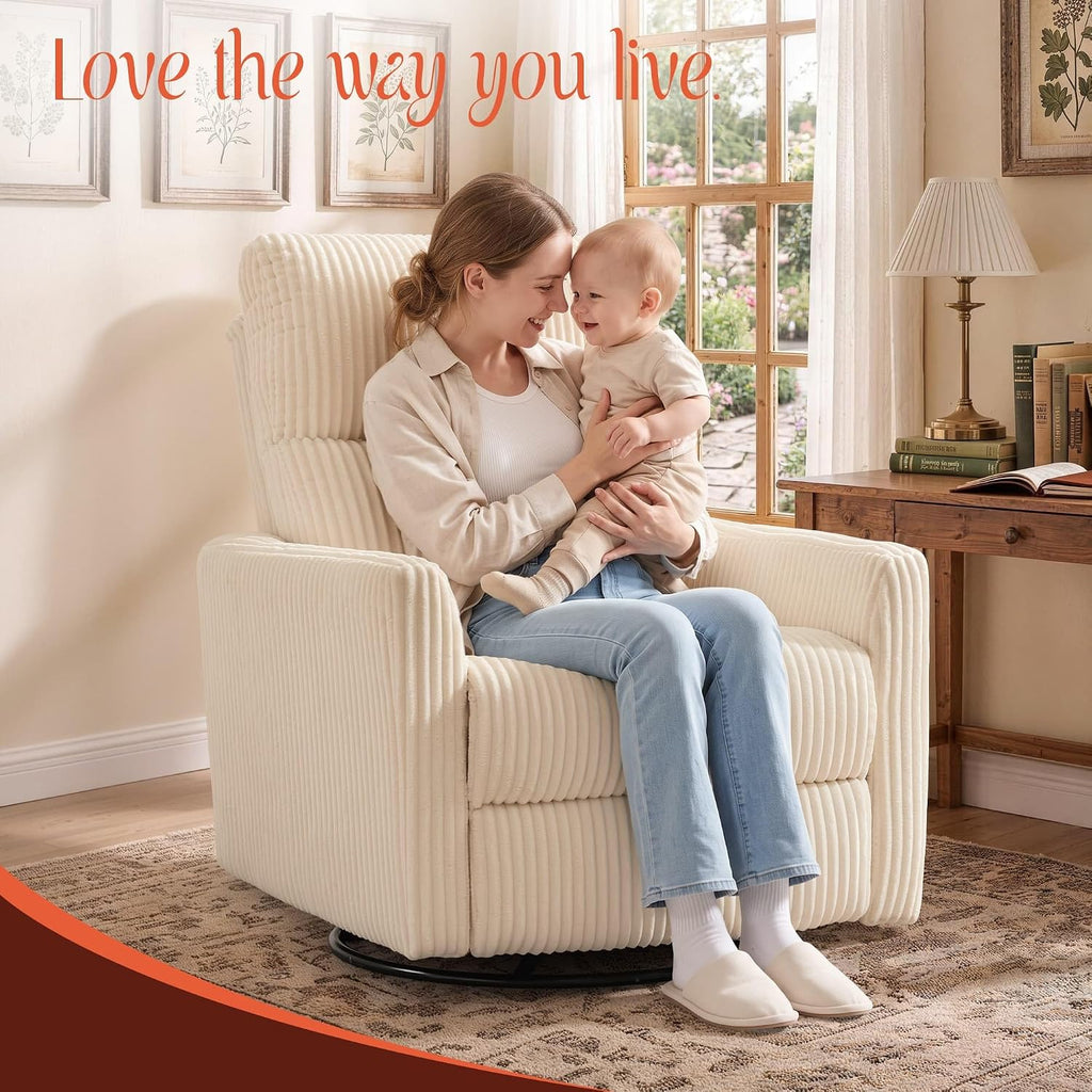 Korser 360Â° Swivel Glider Rocker Manual Recliner, High Back Corduroy Recliner with Curved Armrests, Beige Nursery Rocking Reclining Chair for Living Room Bedroom Adults