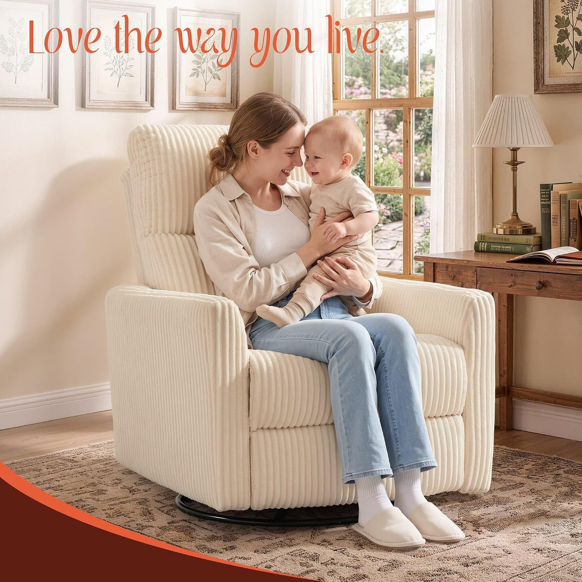 Korser 360Â° Swivel Glider Rocker Manual Recliner, High Back Corduroy Recliner with Curved Armrests, Beige Nursery Rocking Reclining Chair for Living Room Bedroom Adults