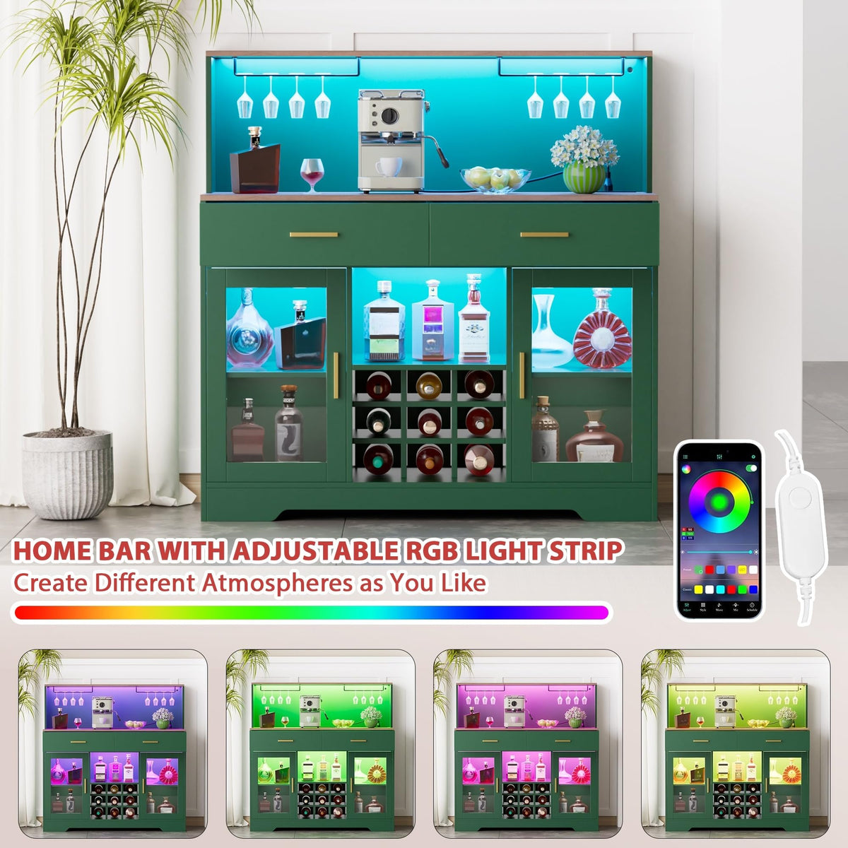 Wine Bar Cabinet with LED Lights, Liquor Cabinet for Home, Coffee Bar Cabinet with Wine Rack and Glass Holder, Black Home Bar Cabinets, Kitchen Buffet Sideboard for Living Room, Dining Room
