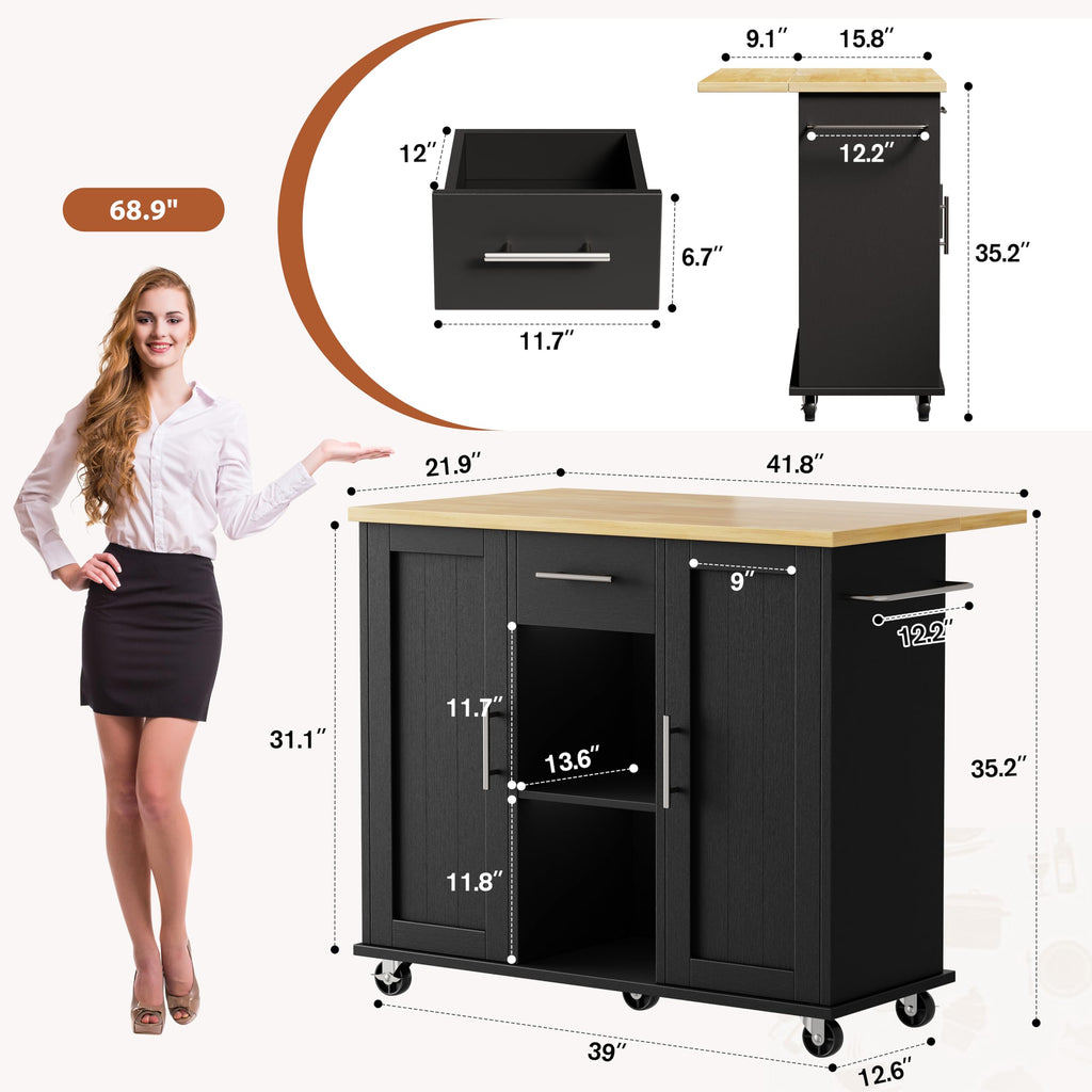 JY QAQA 42" Rolling Kitchen Island Cart with Storage, Drop Leaf Countertop, Drawers & Towel Rack, Mobile Kitchen Table on Wheels for Kitchen Dining Room, White