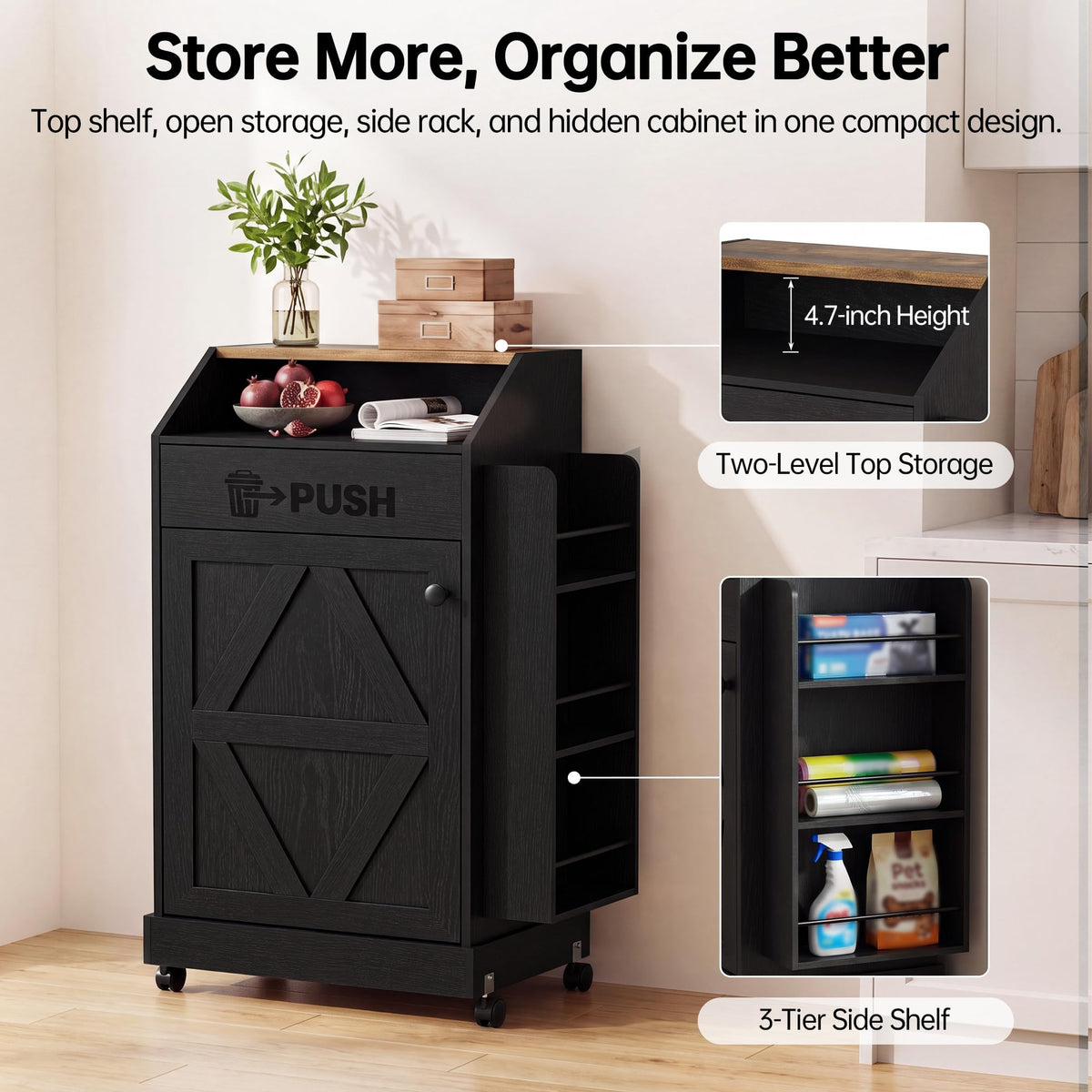 YESHOMY Kitchen Island on Wheels with Trash Cabinet, White & Brown