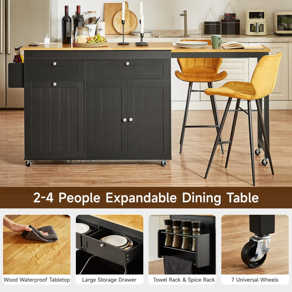 Kitchen Islands with Extendable Dining Table, Mobile Storage Islands, White