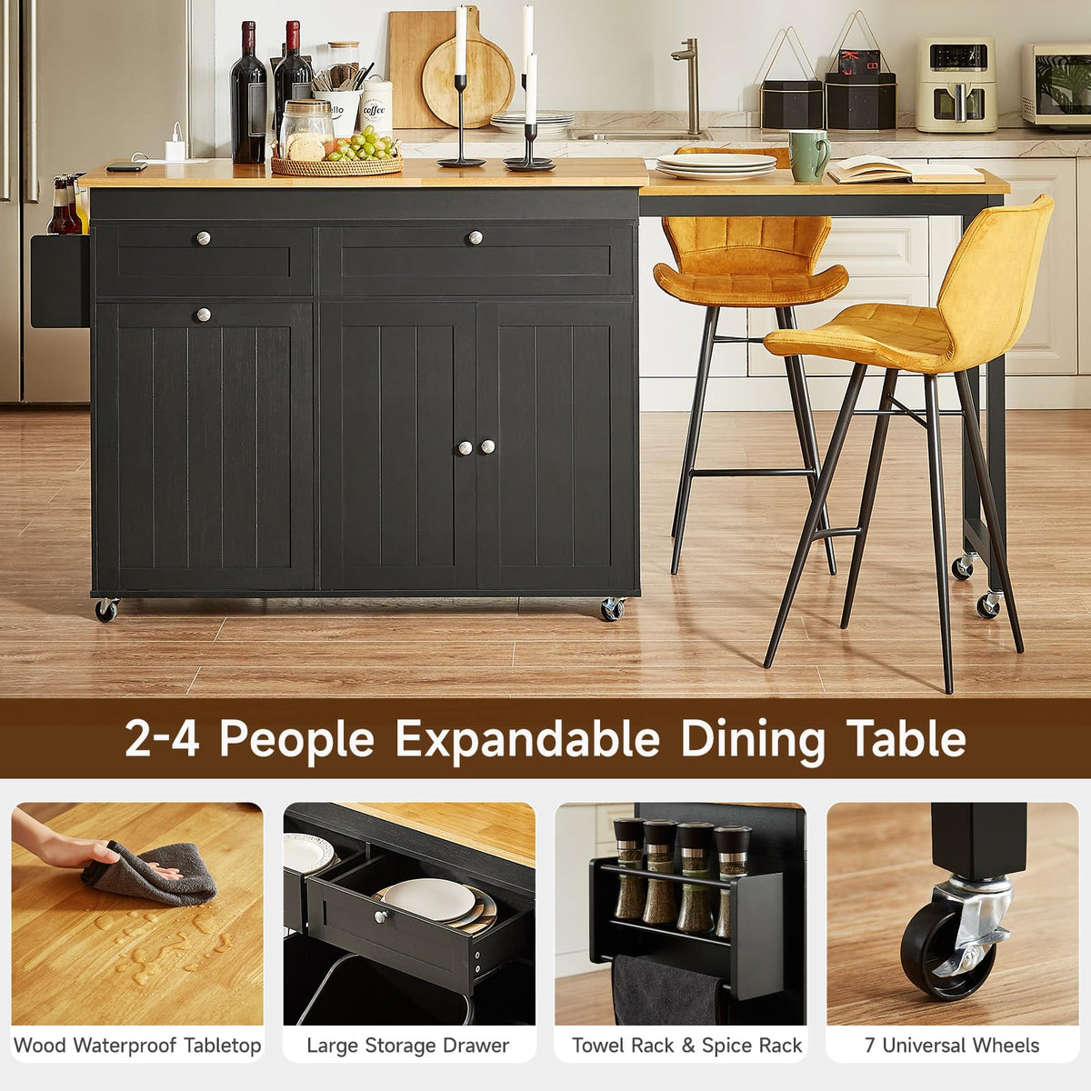 Kitchen Islands with Extendable Dining Table, Mobile Storage Islands, White