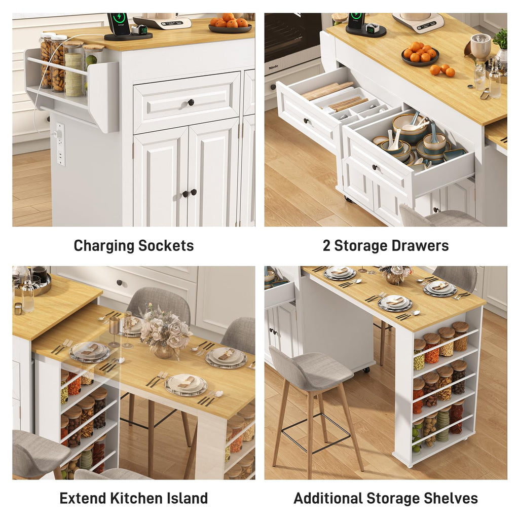 80"-48" Extendable Kitchen Island with Extended Dining Table and Power Outlet,Large Mobile Kitchen Storage Islands with 2 Storage Drawers,Rolling Islands Cart with 3 Extra Rows Open Shelves(Brown)