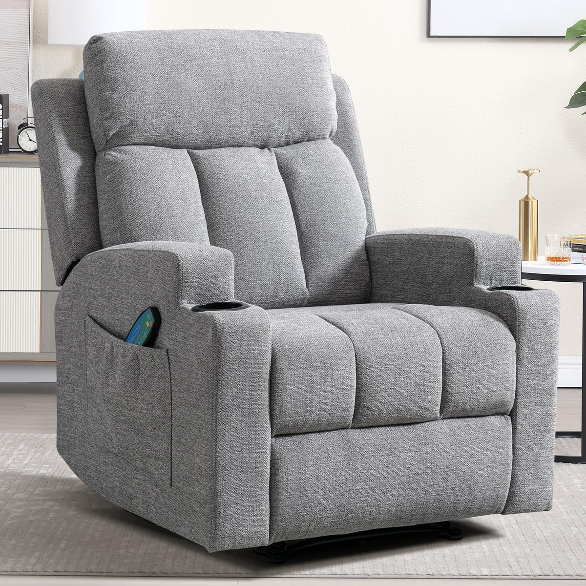 CANMOV Manual Recliner Chair with Massage and Heat, Soft Fabric Recliner Chair with Overstuffed Arm and Back, Manual Reclining Single Sofa with 2 Cup Holders, Side Pocket for Living Room, Dark Grey