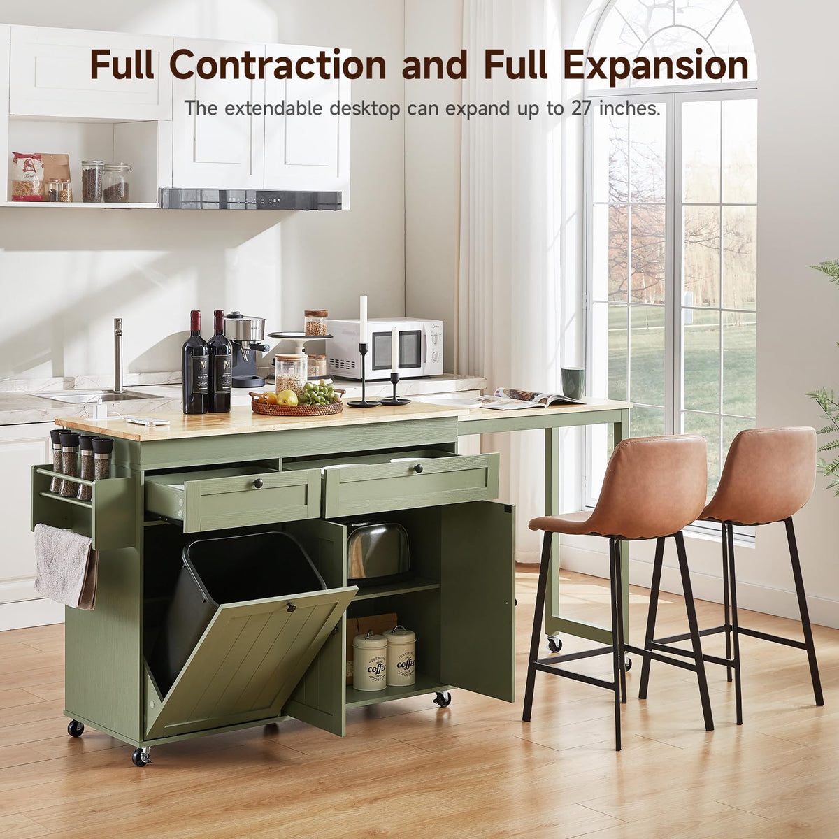 Kitchen Islands with Extendable Dining Table, Mobile Storage Islands, White