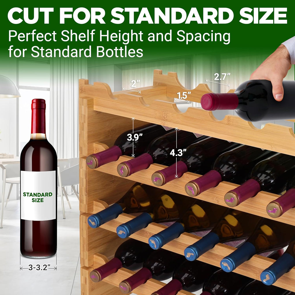 NutriChef 108 Bottle Stackable Modular Wine Rack, Upgraded 1â Thick Sideboard, .5â Rack Sticks, Sturdy Wobble Free Natural Bamboo Construction, Protective Moisture Resistant Finish, 33.5" x 10" x 63"