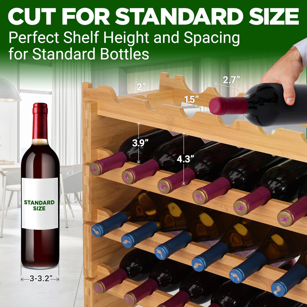 NutriChef 108 Bottle Stackable Modular Wine Rack, Upgraded 1â Thick Sideboard, .5â Rack Sticks, Sturdy Wobble Free Natural Bamboo Construction, Protective Moisture Resistant Finish, 33.5" x 10" x 63"
