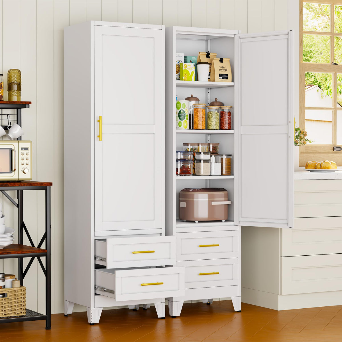 67" Tall Metal Pantry Cabinet, Narrow Freestanding Storage Cabinet, Black