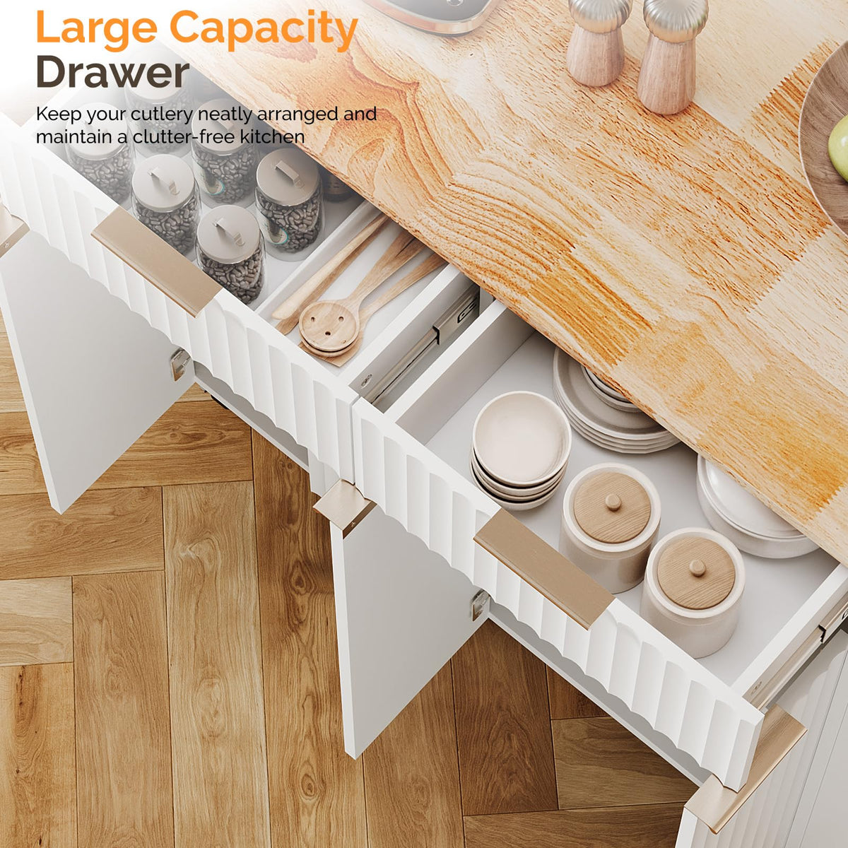 VINGLI Fluted Kitchen Island Cart with Drop-Leaf, 3 Drawers, White