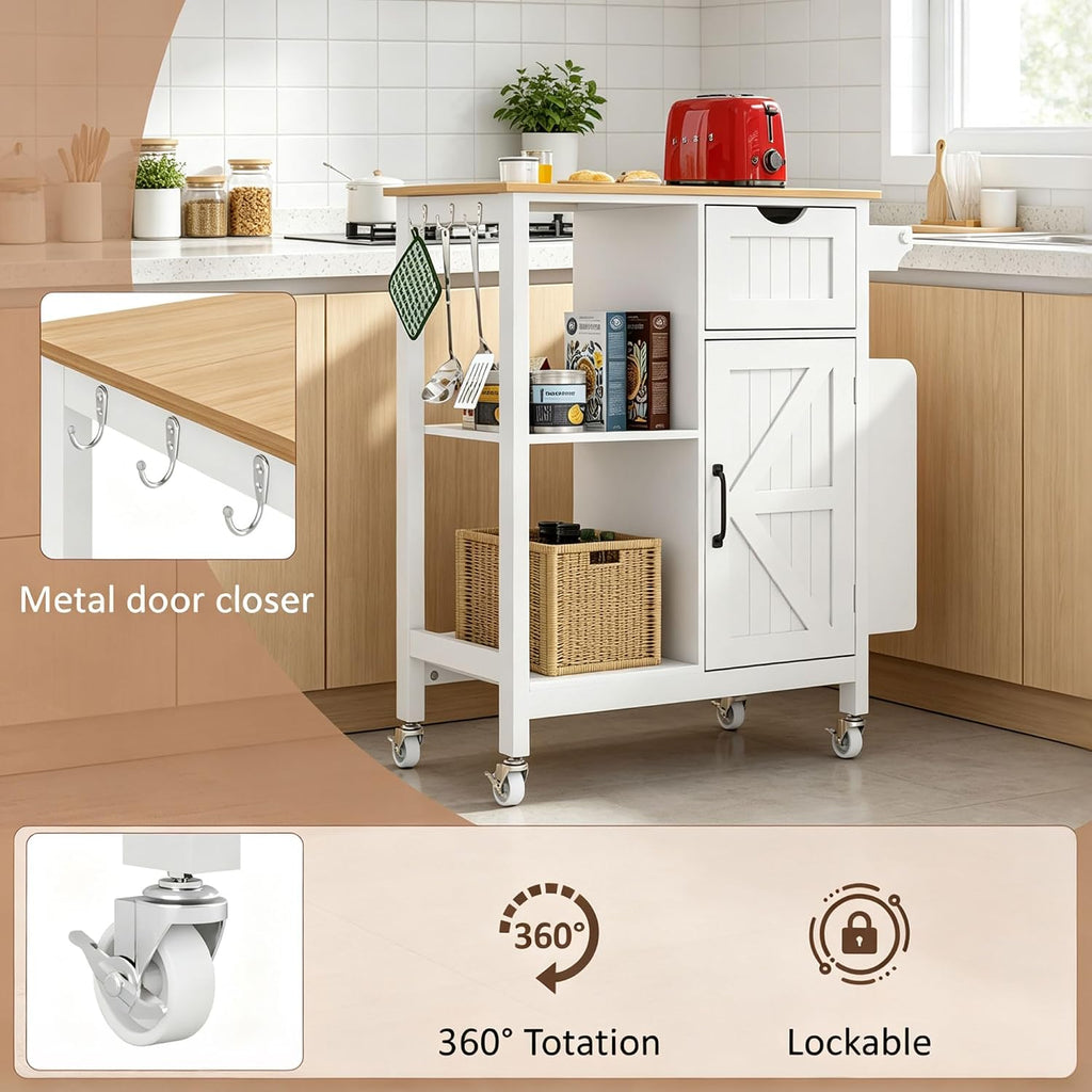 Kitchen Island Cart with Storage Cabinet, Rolling Kitchen Island on Wheels with Drawer, Spice Rack and Towel Rack, Mobile Kitchen Cart with Adjustable Shelf for Dining Room Apartment, White