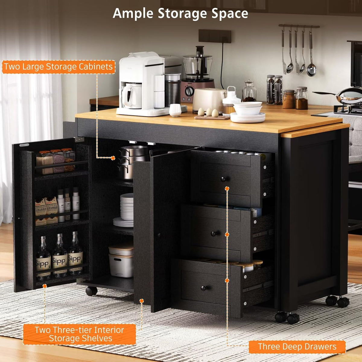 Large Kitchen Island with Extended Dining Table and Power Outlet, Rolling Kitchen Storage Cart with 3 Drawers, Kitchen Island on Wheels with Spice Rack and 2 Door Cabinet, Black