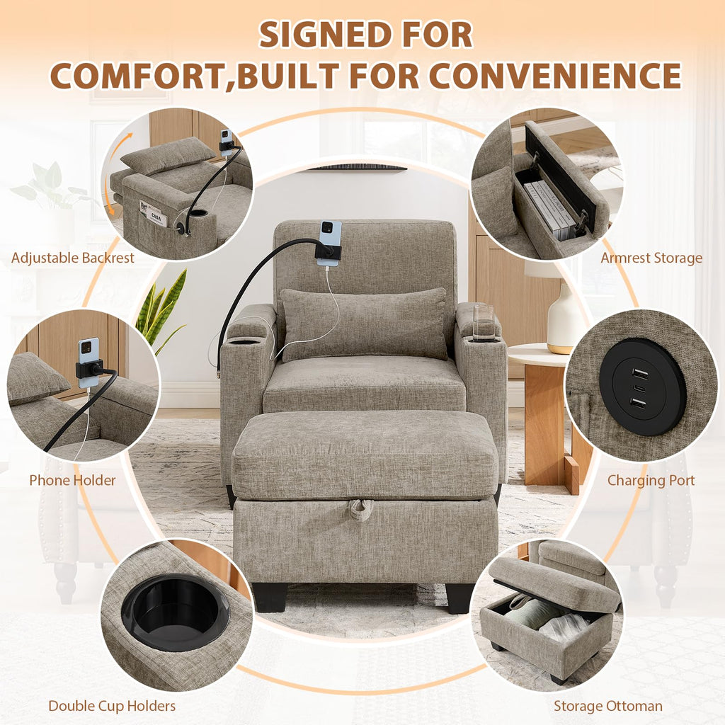 Oversized Chaise Lounge Chair Indoor, Single Convertible Recliner Reading Arm Sofa Chair W/Adjustable Backrest & Charging Port Couch Bed for Living Room, Home Theater & Bedroom, Brown