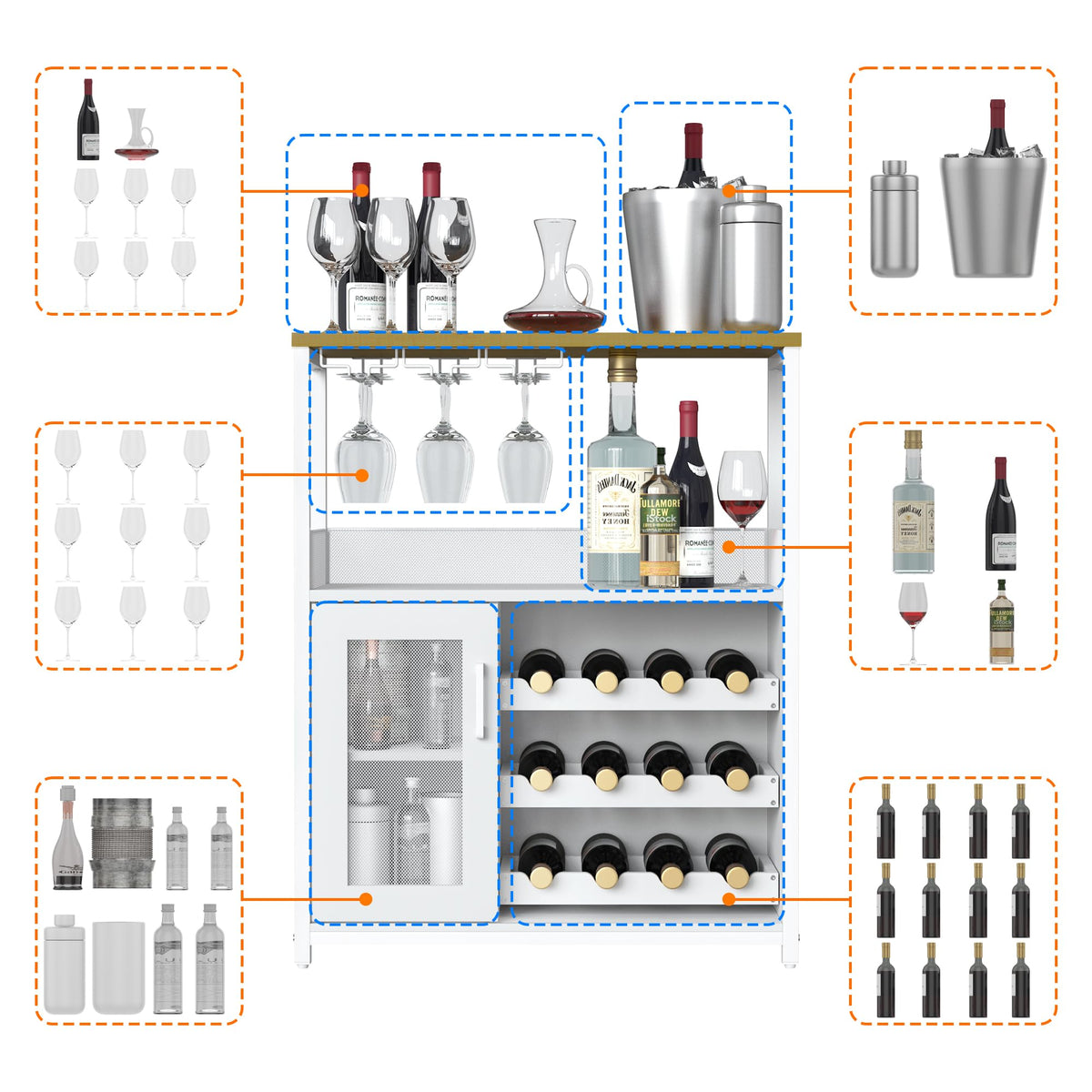 Jojoka 3 Tier Wine Bar Cabinet with LED Lights, Adjustable Storage, Liquor Rack, Glass Holder, Mesh Door, Multi Functional Coffee Bar Sideboard Buffet for Home, Dining Room