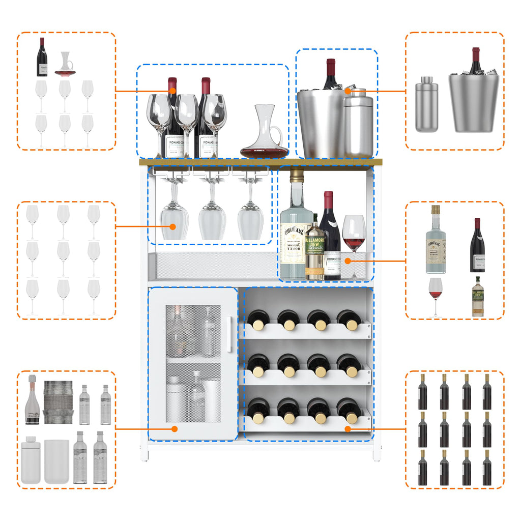 Jojoka 3 Tier Wine Bar Cabinet with LED Lights, Adjustable Storage, Liquor Rack, Glass Holder, Mesh Door, Multi Functional Coffee Bar Sideboard Buffet for Home, Dining Room