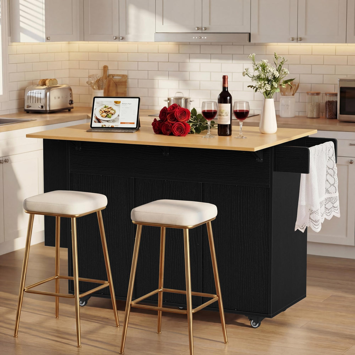 YESHOMY Kitchen Island on Wheels with Trash Cabinet, White & Brown