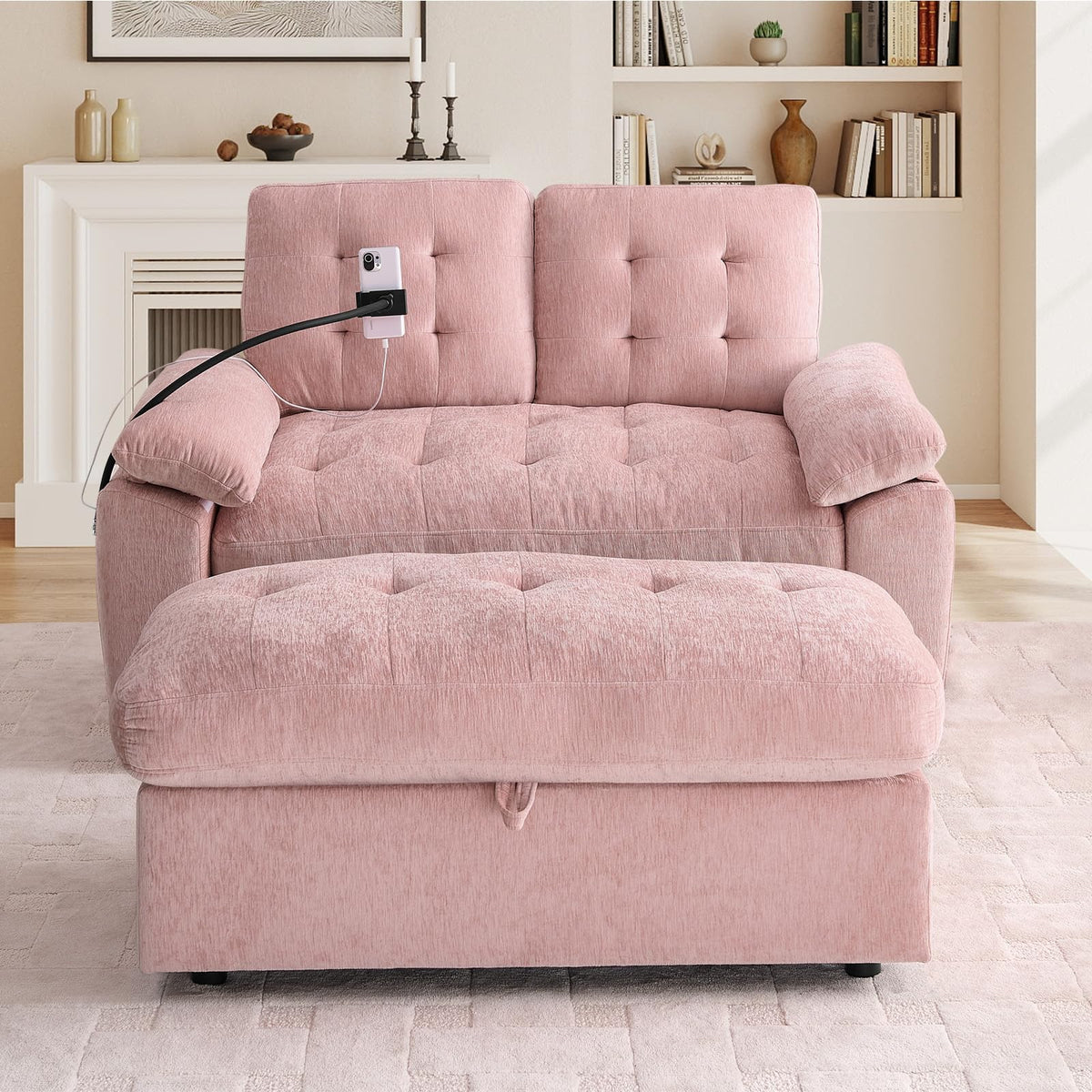 Oversized Chaise Lounge Chair Indoor, Single Convertible Recliner Reading Arm Sofa Chair W/Adjustable Backrest & Charging Port Couch Bed for Living Room, Home Theater & Bedroom, Brown
