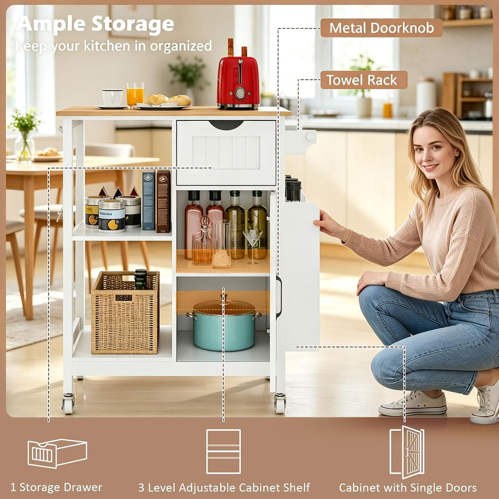 Kitchen Island Cart with Storage Cabinet, Rolling Kitchen Island on Wheels with Drawer, Spice Rack and Towel Rack, Mobile Kitchen Cart with Adjustable Shelf for Dining Room Apartment, White