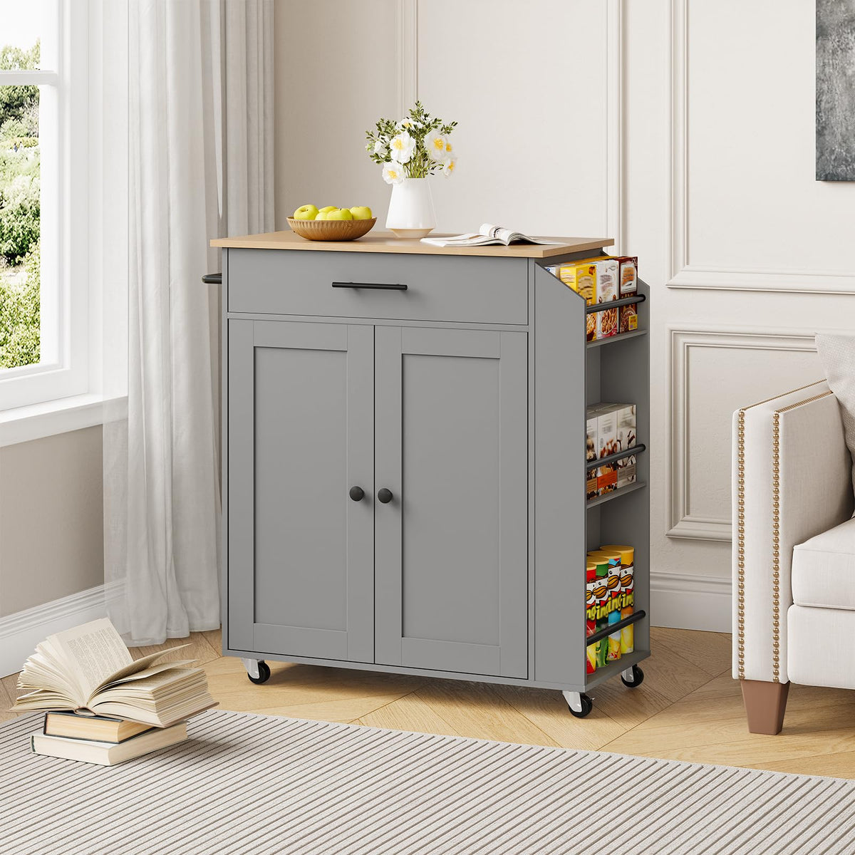 HOOBRO Kitchen Island with Power Outlet, Storage Island with Spice Rack and Drawer, Rolling Kitchen Cart on Wheels, for Home, Dining Room, Rustic Brown and Black