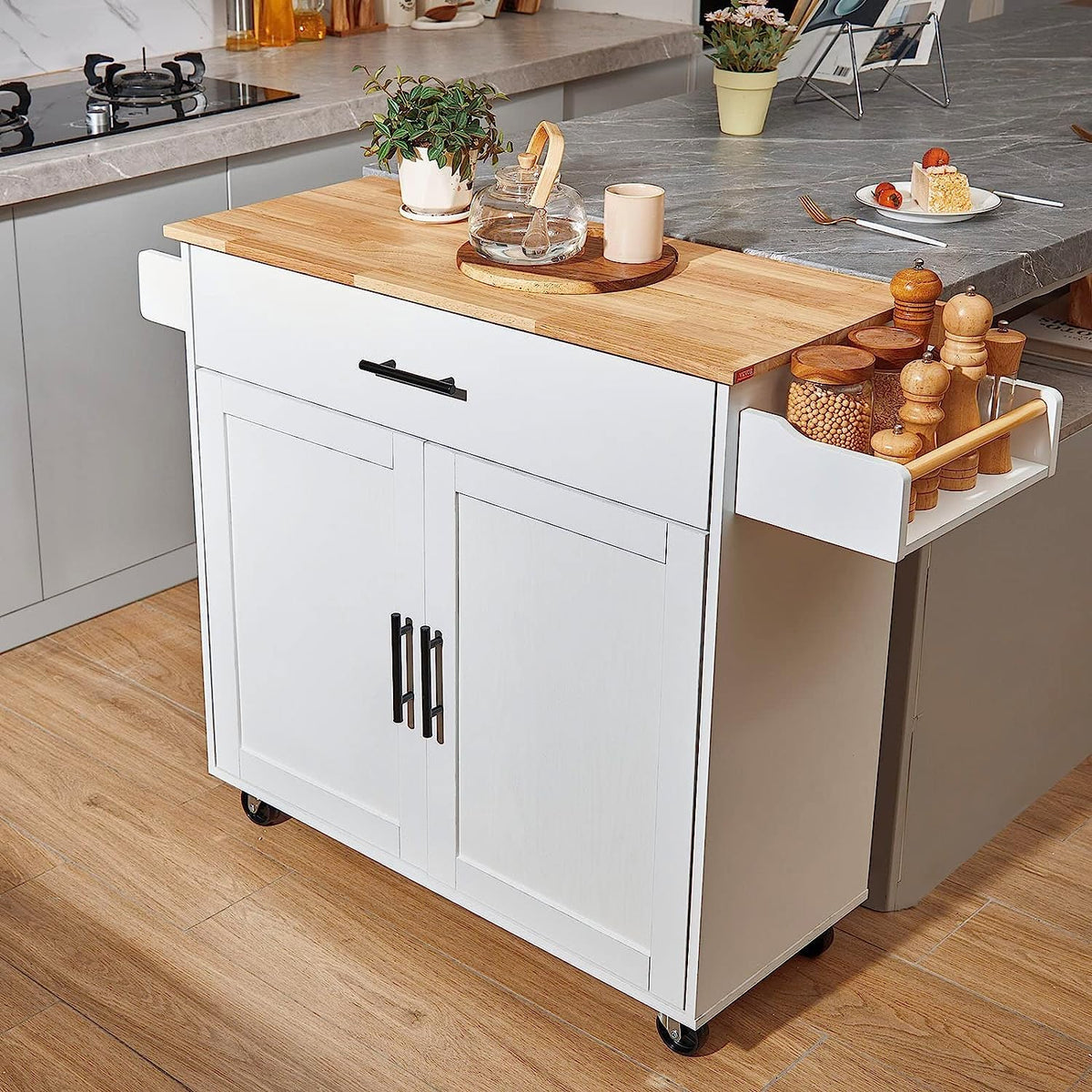 VEVOR Kitchen Island Cart with Storage, 47.64 in Wide Mobile Rolling Storage Island on Swivel Wheels, with 2 Drawers, Storage Cabinet, Drop Leaf, Towel Rack, Table for Home Dining Room, White