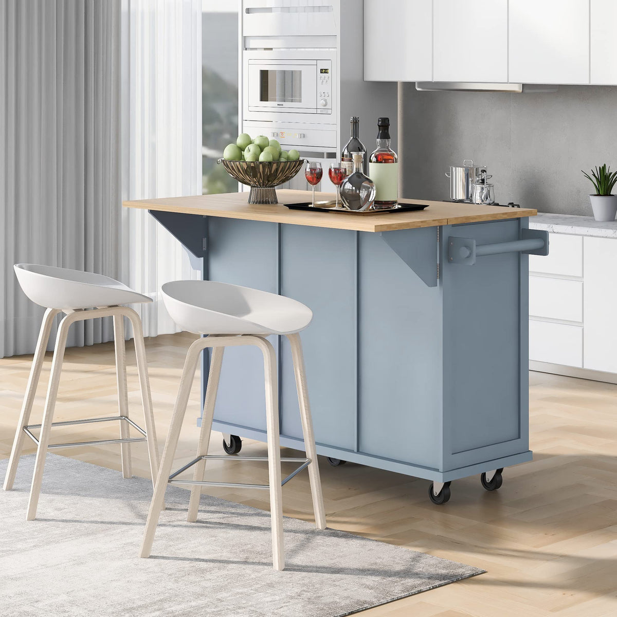 Ball & Cast Farmhouse Kitchen Island with Power Outlet,Dining Storage Island with Drop Leaf,Spice Rack and Drawer,Rolling Dining Cart on Wheels for Home,Kitchen,Dining Room,White,54"