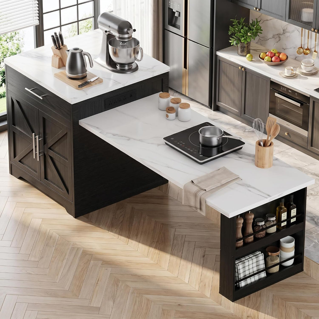 Black Kitchen Island with Extendable Dining Table, Kitchen Island Cart with Power Outlet, Storage Cabinet & Large Drawer, Faux Marble Top