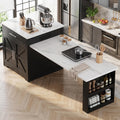 Black Kitchen Island with Extendable Dining Table, Kitchen Island Cart with Power Outlet, Storage Cabinet & Large Drawer, Faux Marble Top