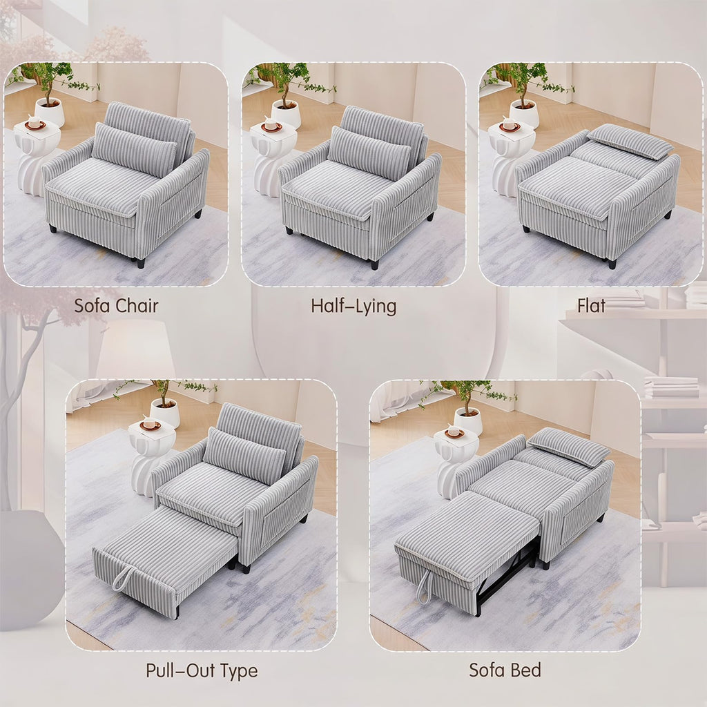 32" Convertible Sofa Chair Bed, 3âinâ1 Pullâout Sleeper Chair with Corduroy Fabric, Adjustable Backrest & Side Storage Pockets, SpaceâSaving Design for Living Room, Apartment, Bedroom (Yellow)