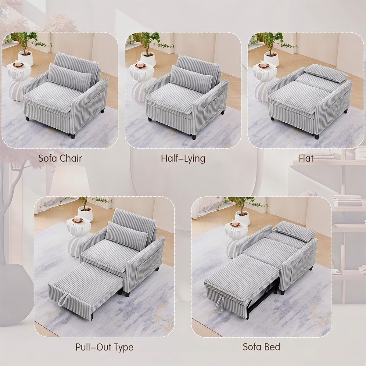 32" Convertible Sofa Chair Bed, 3âinâ1 Pullâout Sleeper Chair with Corduroy Fabric, Adjustable Backrest & Side Storage Pockets, SpaceâSaving Design for Living Room, Apartment, Bedroom (Yellow)