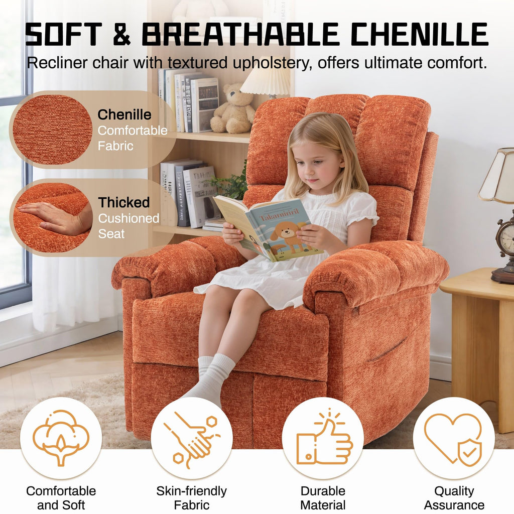 Korser Recliner Chair, Living Room Recliner Chairs for Adults, Small Recliners for Small Spaces, Upholstered Manual Recliner with Side Pockets, Comfy Nursery Chair for Living Room, Chenille, Beige