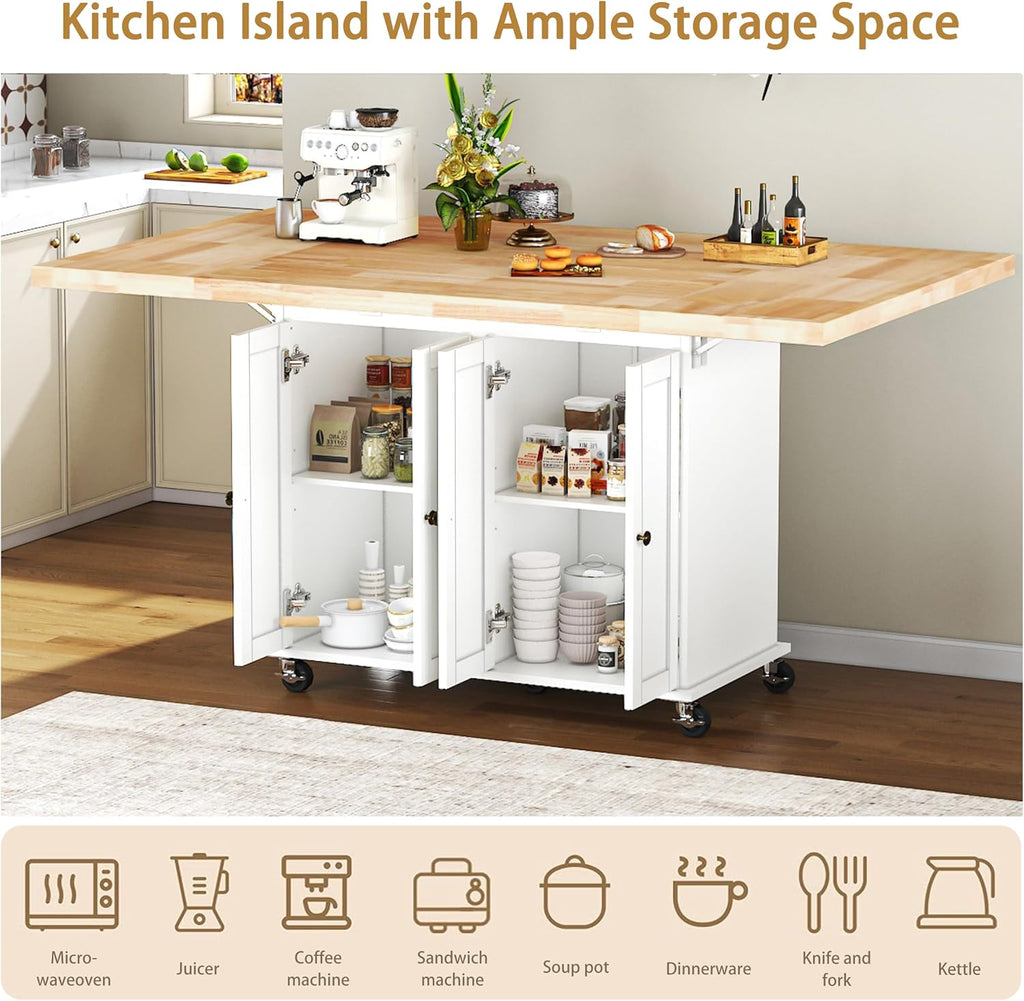 62.8" Rolling Kitchen Island with Double Drop Leaf Rubberwood Countertop, Mobile Kitchen Cart with Storage Cabinet & Lockable Wheels, Space-Saving Foldable Kitchen Prep Station for Dining Room, White