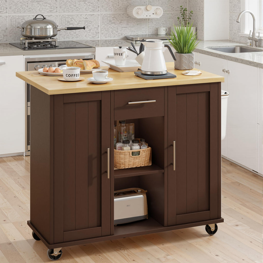 SUNLEI Rolling Kitchen Island Cart with Wheels, Island Table for Kitchen, Farmhouse Kitchen Cart with Drop Leaf & Towel Rack & Drawer, Kitchen Islands Table with Storage Cabinet, Grey