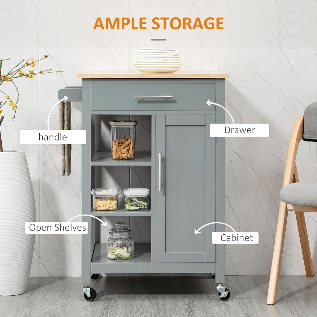 HOMCOM Kitchen Island Cart, Rolling Kitchen Island, Wood Top, Gray
