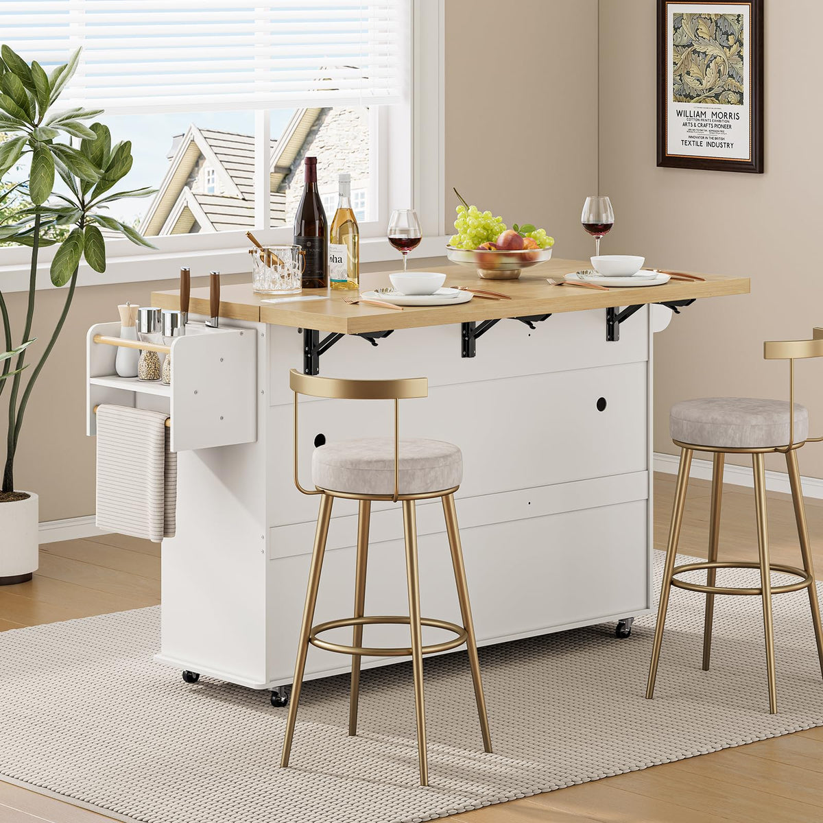 ONBRILL 60" Kitchen Island with Trash Can Storage, Rolling Island Table