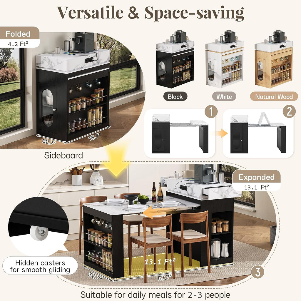 Extendable Dining Table with Folding Tabletop & Power Outlet, Modern Kitchen Island Sideboard with Wheels, Hidden Drawers & USB Charging, Sturdy Buffet Table for Small Spaces (Black)