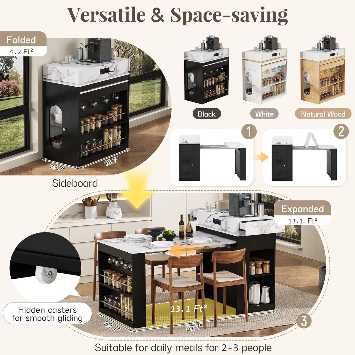 Extendable Dining Table with Folding Tabletop & Power Outlet, Modern Kitchen Island Sideboard with Wheels, Hidden Drawers & USB Charging, Sturdy Buffet Table for Small Spaces (Black)