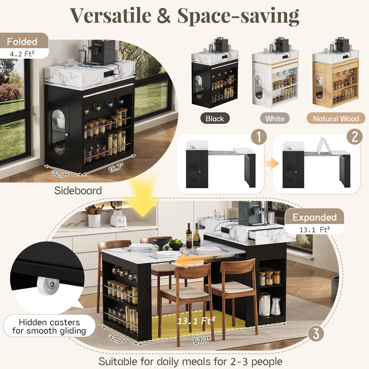 Extendable Dining Table with Folding Tabletop & Power Outlet, Modern Kitchen Island Sideboard with Wheels, Hidden Drawers & USB Charging, Sturdy Buffet Table for Small Spaces (Black)