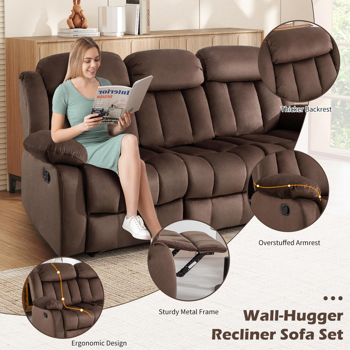 INZOY Manual Recliner Chair with Padded Armrest, Wall-Hugger Single Sofa Recliners with Overstuffed Back, Classical Fabric Reclining Chairs for Living Room Theater Seating, Brown