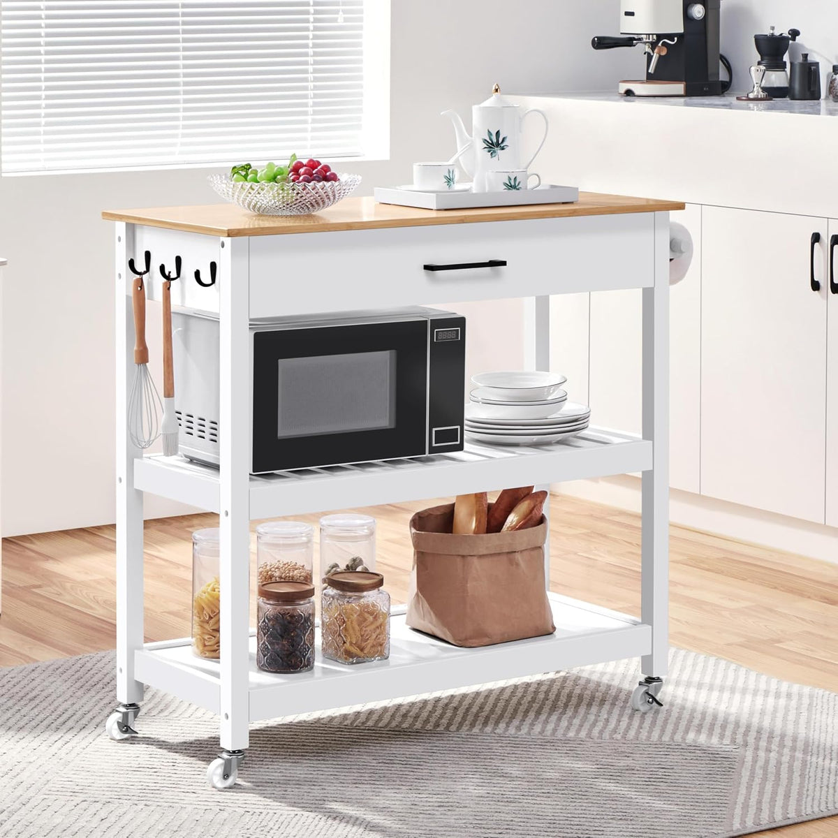 Yaheetech Rolling Kitchen Island Cart with 3 Shelves Lockable Wheels, White