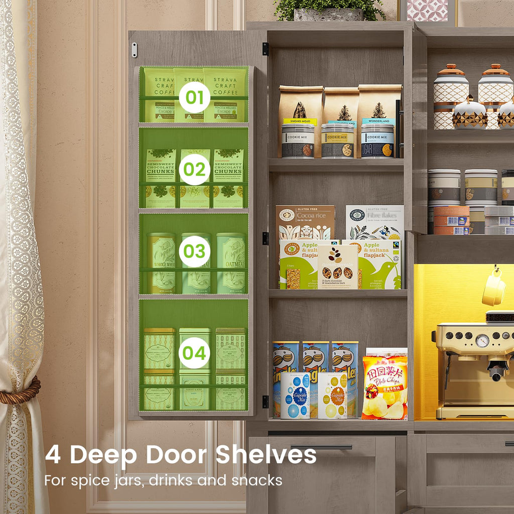 Itaar 71" Kitchen Pantry Cabinet with Charging Station and Led Light, Kitchen Storage Cabinets with Microwave Stand, 59" Wide Pantry Storage Cabinet with Storage Cart 3 Tier for Dining Room, White