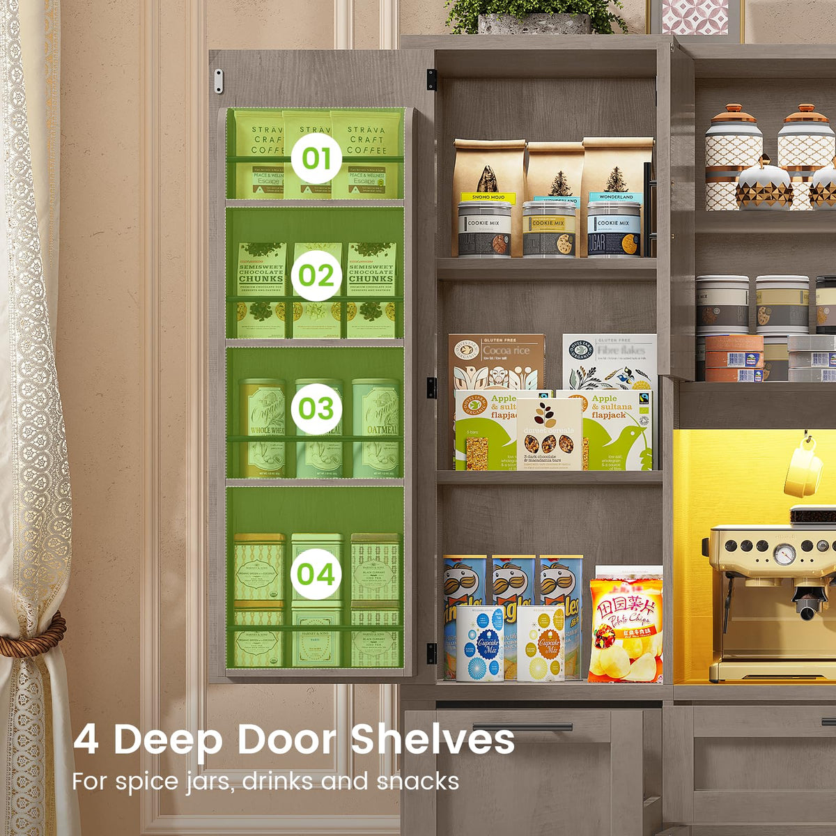 Itaar 71" Kitchen Pantry Cabinet with Charging Station and Led Light, Kitchen Storage Cabinets with Microwave Stand, 59" Wide Pantry Storage Cabinet with Storage Cart 3 Tier for Dining Room, White