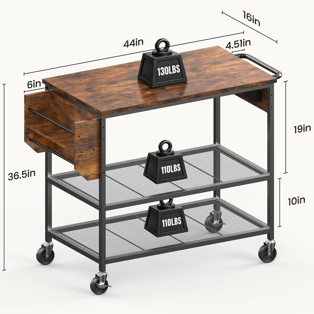 Rolling Kitchen Island with Storage, 3 Tier Kitchen Island Cart with Wheels,Wood Large Worktop, Storage Shelves, Lockable Casters, Power Outlet, Push Handle for Kitchen Dining Room