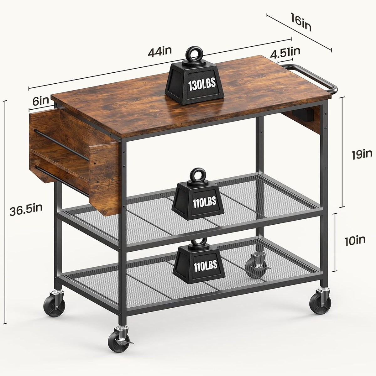 Rolling Kitchen Island with Storage, 3 Tier Kitchen Island Cart with Wheels,Wood Large Worktop, Storage Shelves, Lockable Casters, Power Outlet, Push Handle for Kitchen Dining Room