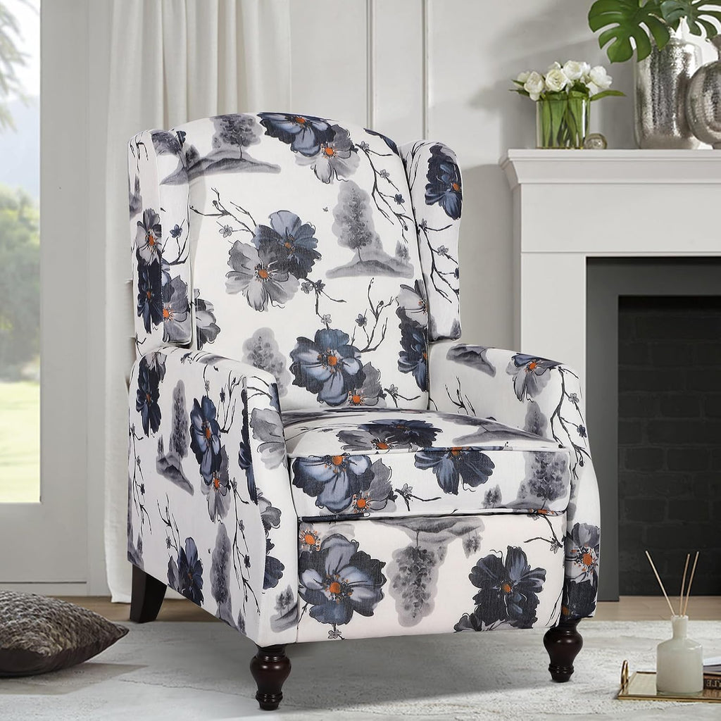 Wingback Recliner Chair - Tufted Arm Chair Recliner - Fabric Push Back Single Sofa for Living Room Adjustable Backrest (Blue Floral)