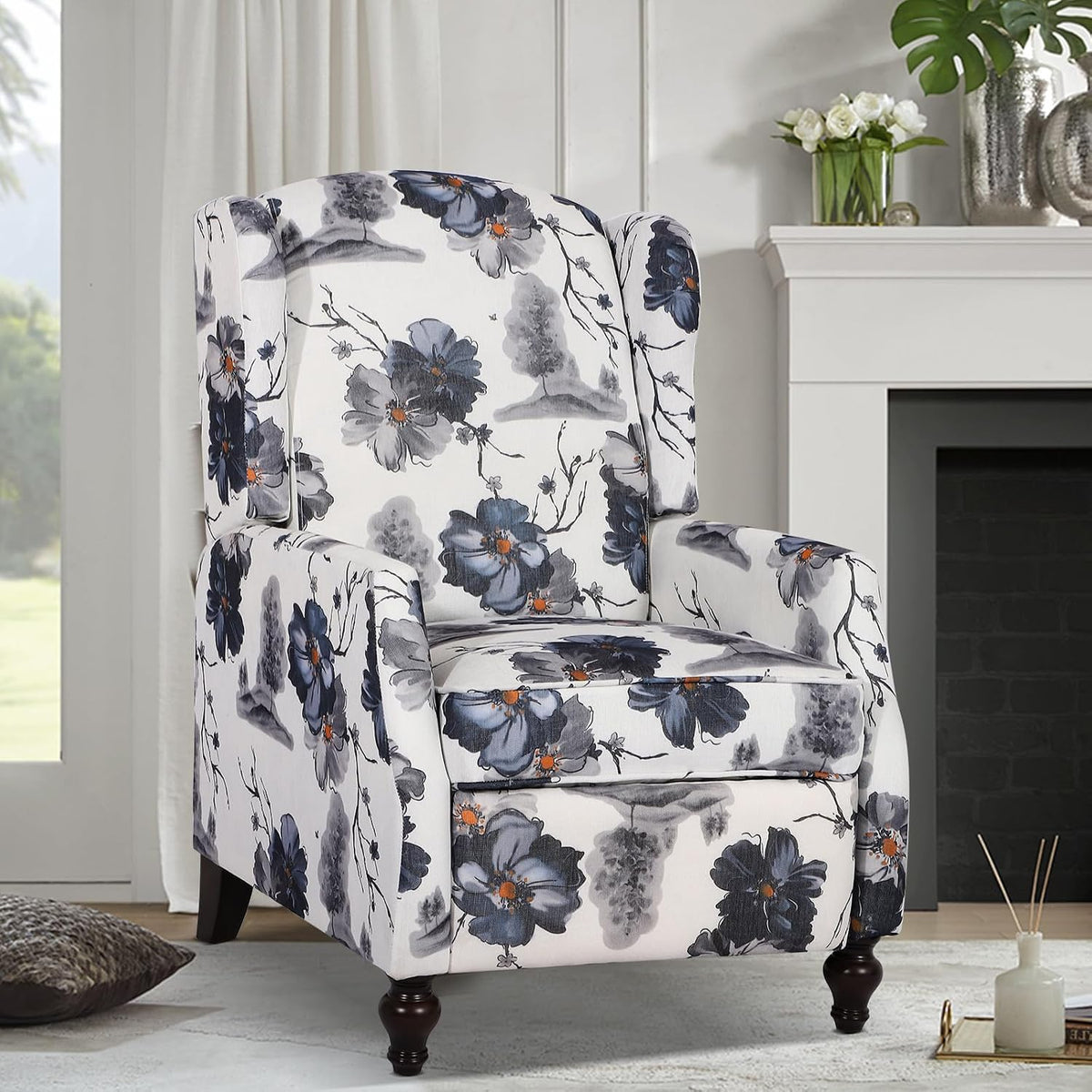 Wingback Recliner Chair - Tufted Arm Chair Recliner - Fabric Push Back Single Sofa for Living Room Adjustable Backrest (Blue Floral)
