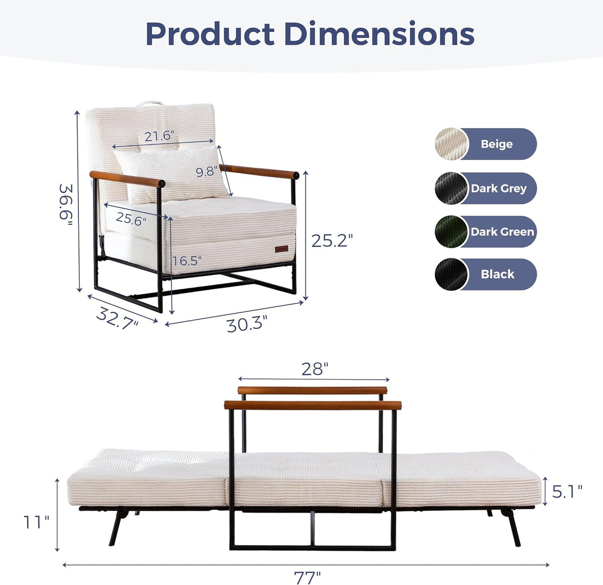 MAXYOYO Chair Bed, Adjustable Sleeper Chair, Single Sofa Bed with Frame