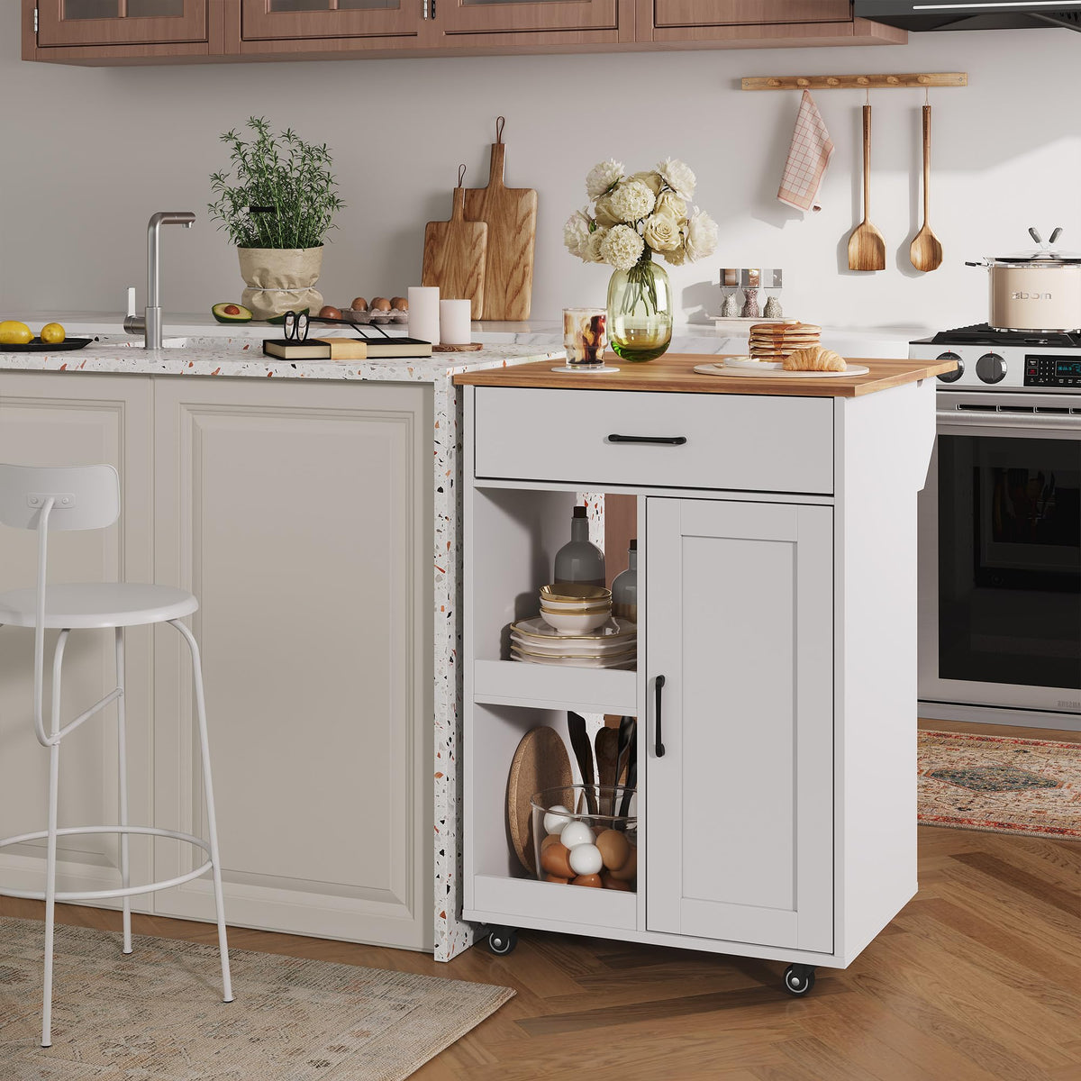 OUTLANE Kitchen Island with Drop Leaf, Rolling Storage Cart on Wheels