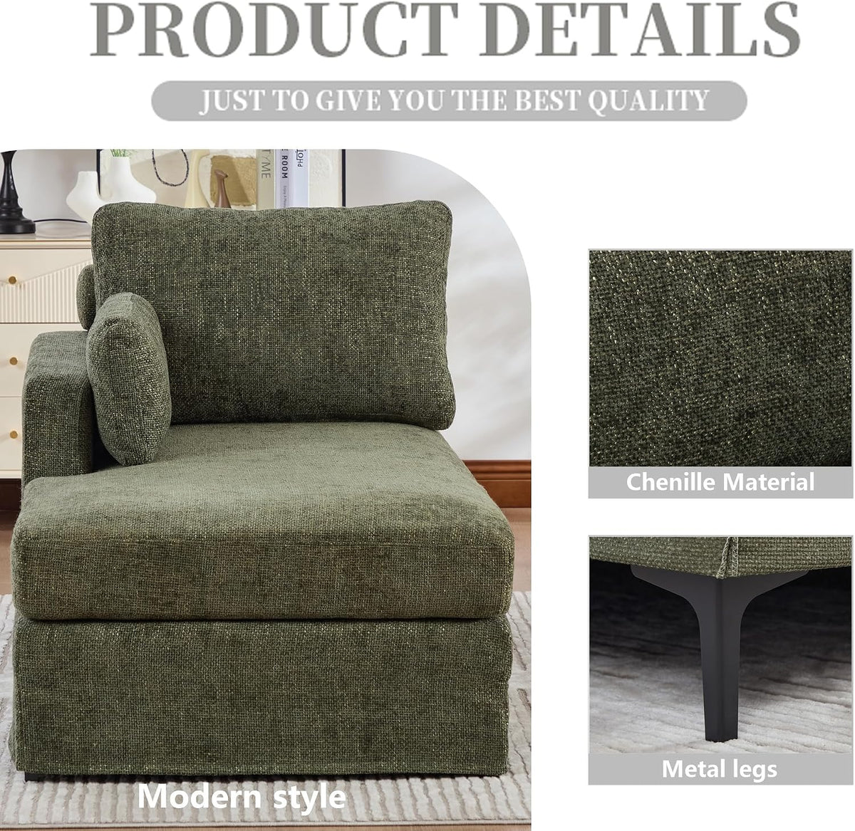 32" Wide Green Right Arm Chaise Lounge Chair