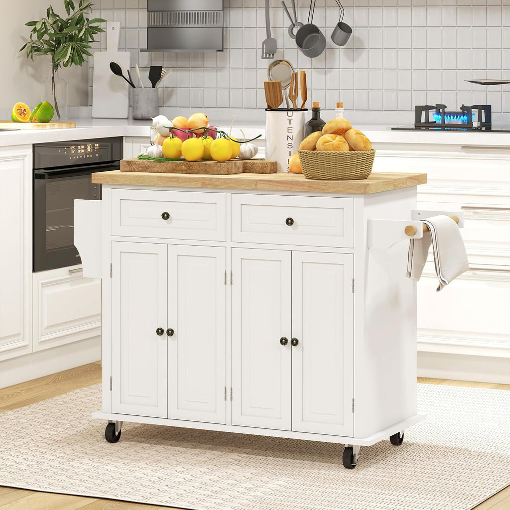 HOMCOM Kitchen Island Cart on Wheels with Solid Wood Top, 44" Cream White
